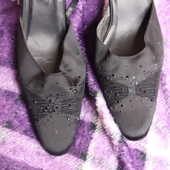 VINTAGE POINTY PUMPS 7.5 Lord & Taylor *FLAWED* Black Sparkle Leather Sole Y2K - Picture 2 of 12